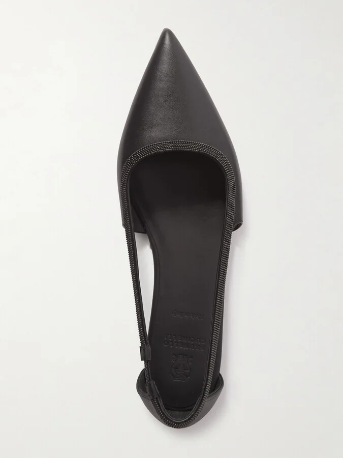 Brunello Cucinelli - Bead-embellished Leather Point-toe Flats - Black - Image 5
