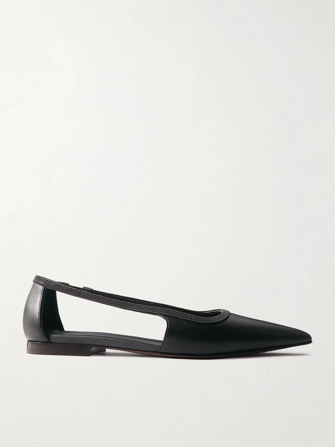 Brunello Cucinelli - Bead-embellished Leather Point-toe Flats - Black