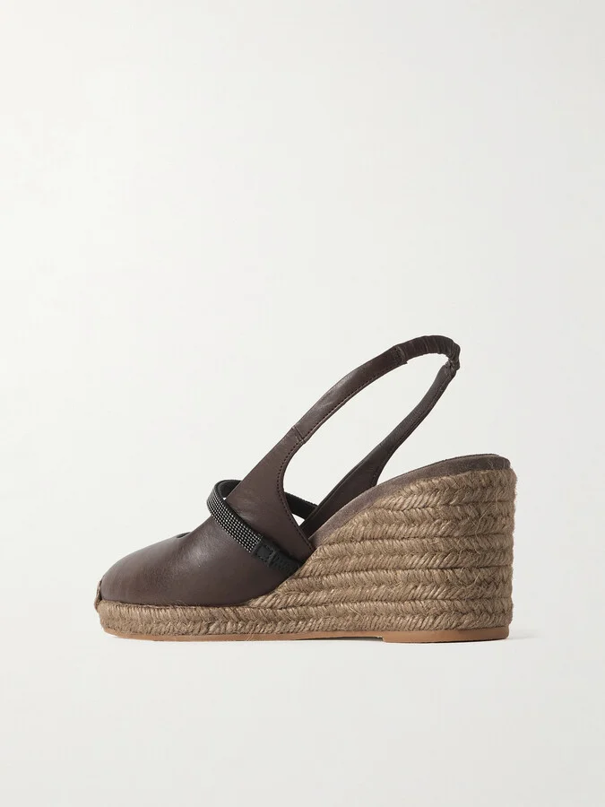 Brunello Cucinelli - Bead-embellished Leather Slingback Espadrille Sandals - Brown - Image 3