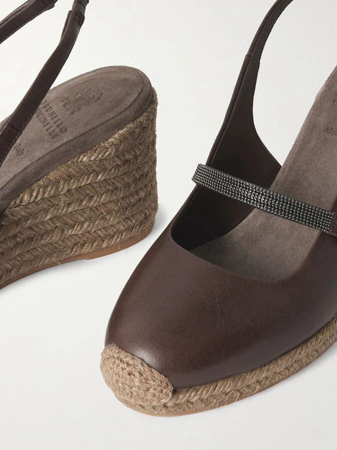 Brunello Cucinelli - Bead-embellished Leather Slingback Espadrille Sandals - Brown - Image 4