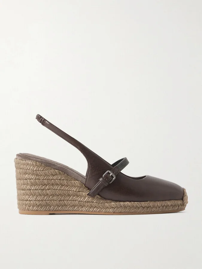 Brunello Cucinelli - Bead-embellished Leather Slingback Espadrille Sandals - Brown