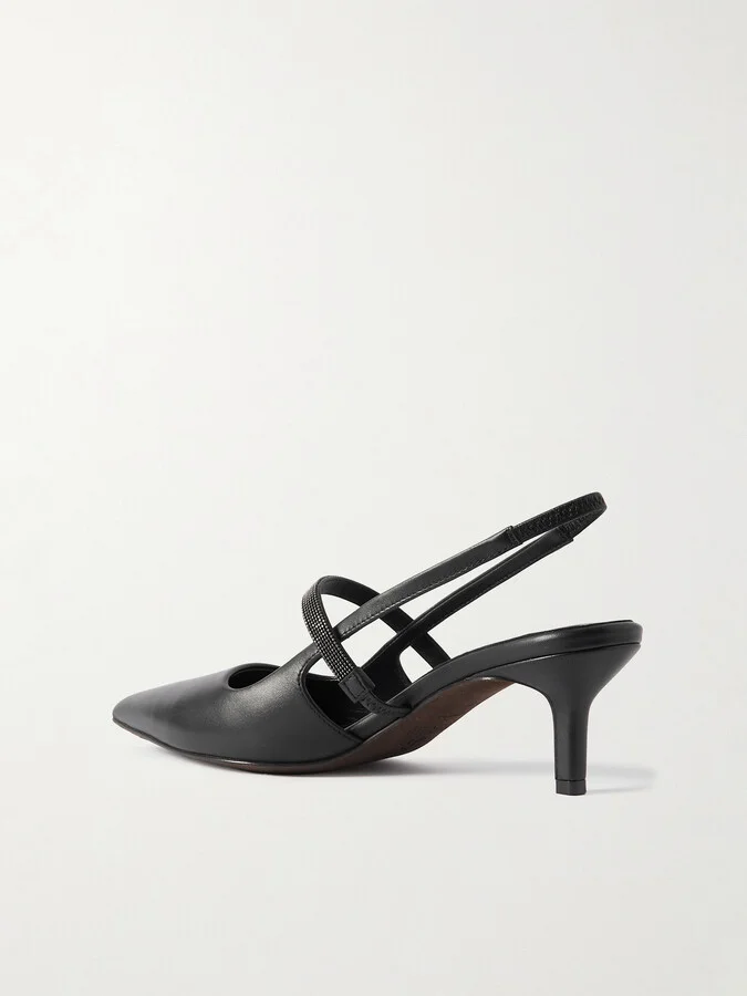 Brunello Cucinelli - Bead-embellished Leather Slingback Pumps - Black - Image 3