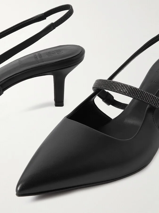 Brunello Cucinelli - Bead-embellished Leather Slingback Pumps - Black - Image 4