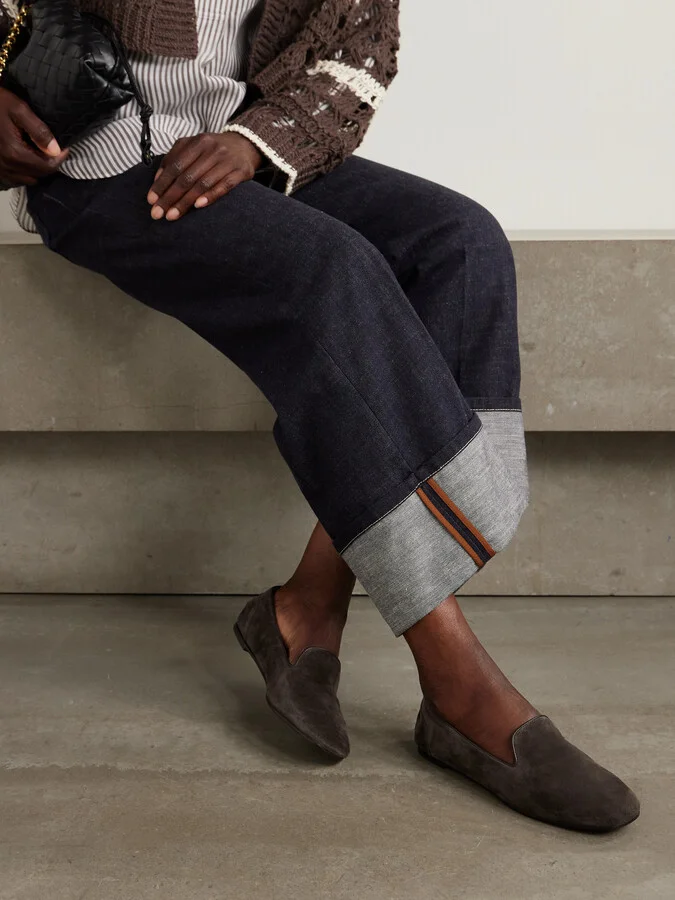 Brunello Cucinelli - Bead-embellished Leather-trimmed Suede Ballet Flats - Brown - Image 2