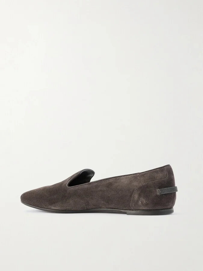 Brunello Cucinelli - Bead-embellished Leather-trimmed Suede Ballet Flats - Brown - Image 3