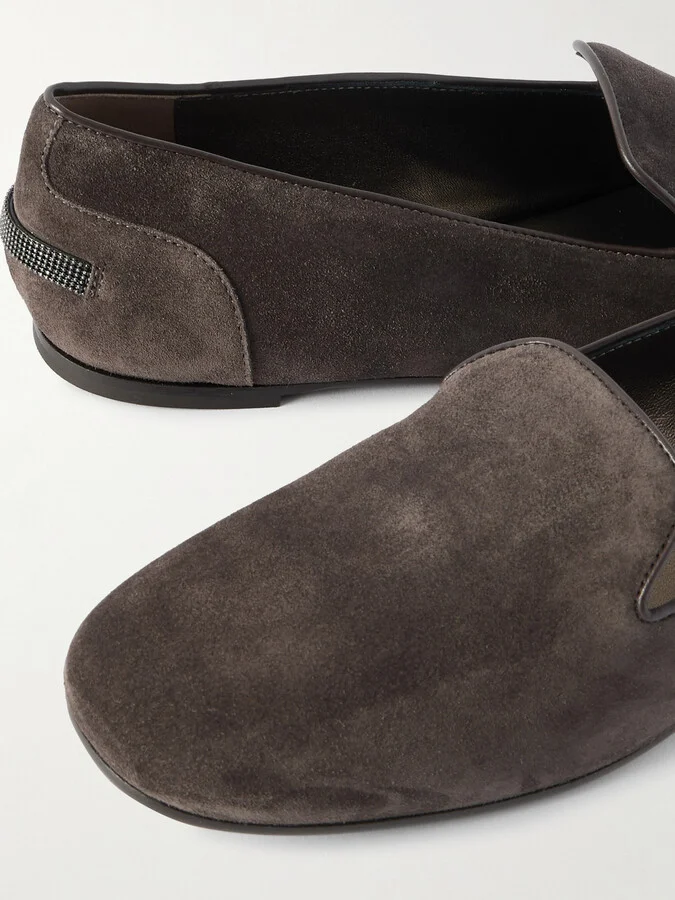 Brunello Cucinelli - Bead-embellished Leather-trimmed Suede Ballet Flats - Brown - Image 4