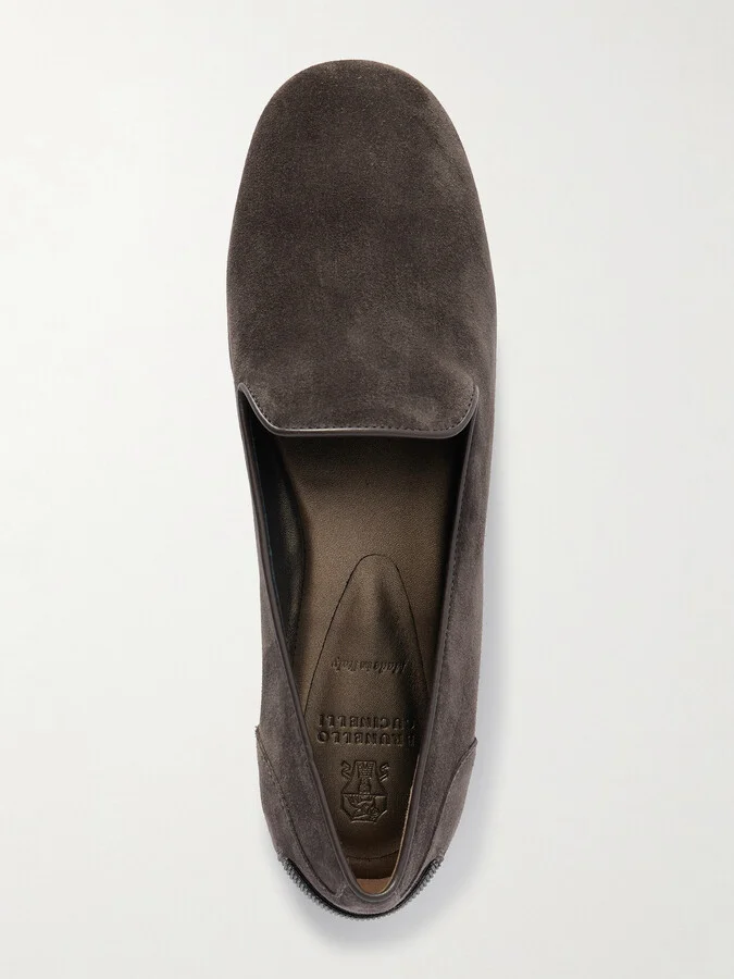Brunello Cucinelli - Bead-embellished Leather-trimmed Suede Ballet Flats - Brown - Image 5
