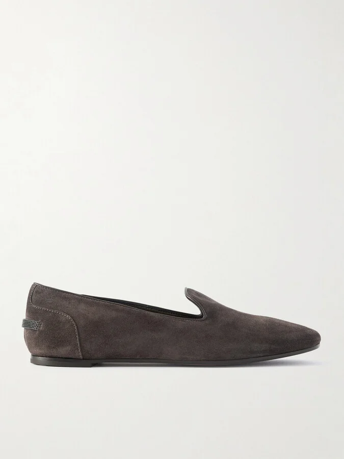 Brunello Cucinelli - Bead-embellished Leather-trimmed Suede Ballet Flats - Brown