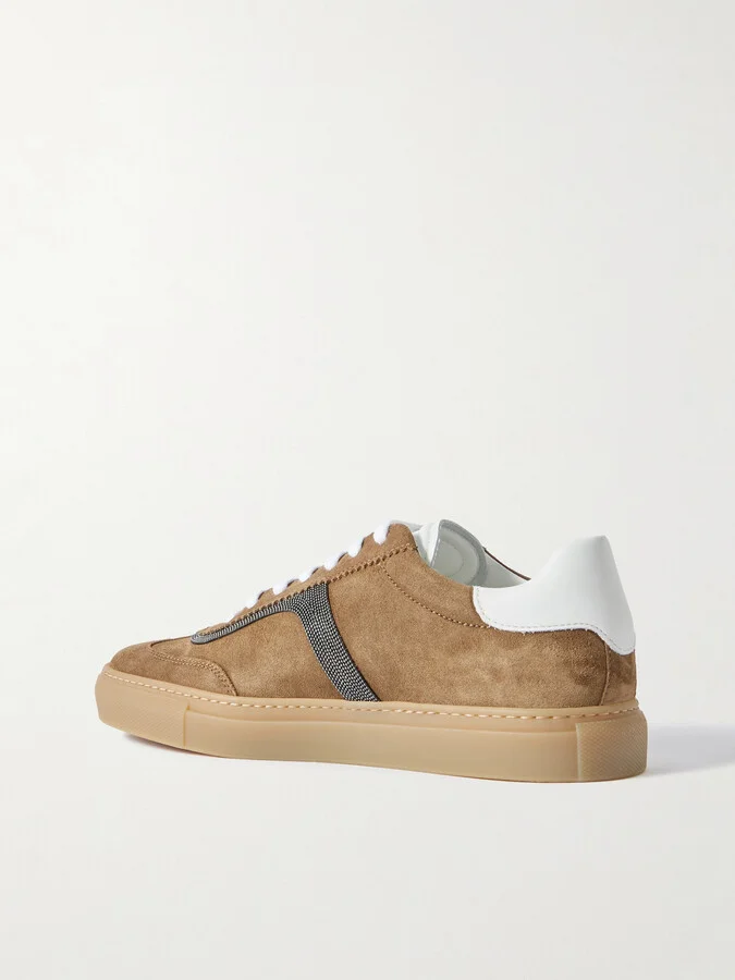 Brunello Cucinelli - Bead-embellished Leather-trimmed Suede Sneakers - Brown - Image 3