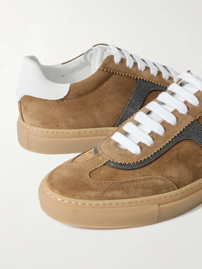 Brunello Cucinelli - Bead-embellished Leather-trimmed Suede Sneakers - Brown - Image 4