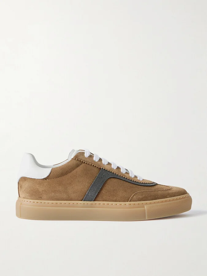 Brunello Cucinelli - Bead-embellished Leather-trimmed Suede Sneakers - Brown