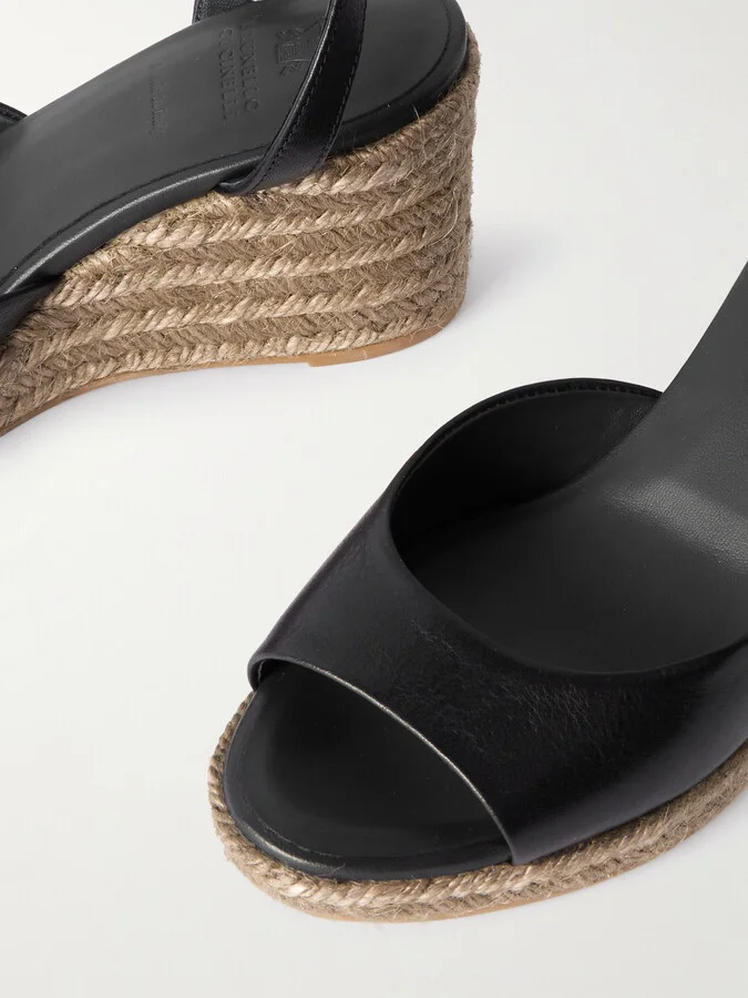 Brunello Cucinelli - Bead-embellished Leather Wedge Espadrilles - Black - Image 4