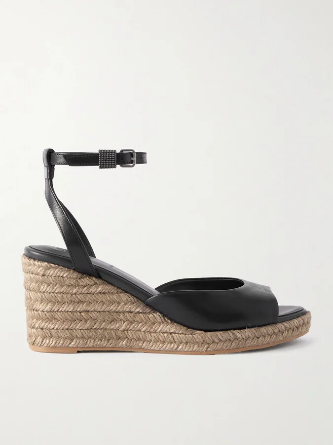 Brunello Cucinelli - Bead-embellished Leather Wedge Espadrilles - Black