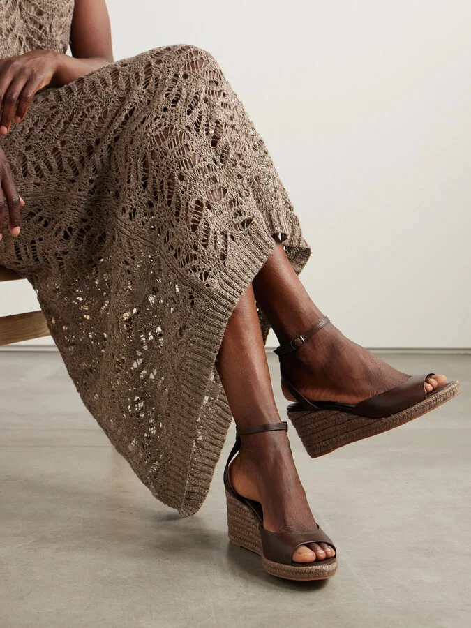 Brunello Cucinelli - Bead-embellished Leather Wedge Espadrilles - Brown - Image 2