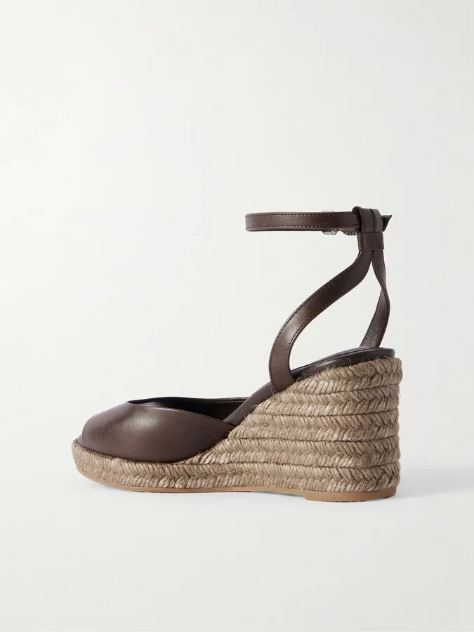 Brunello Cucinelli - Bead-embellished Leather Wedge Espadrilles - Brown - Image 3