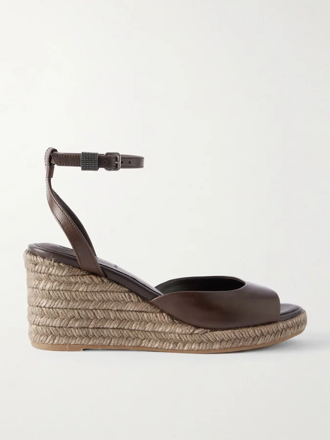 Brunello Cucinelli - Bead-embellished Leather Wedge Espadrilles - Brown