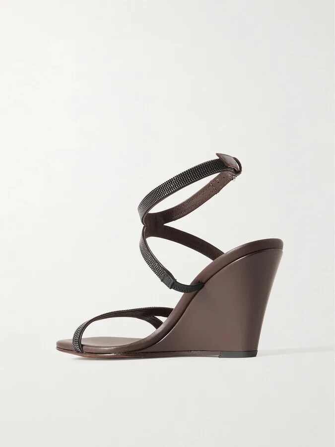 Brunello Cucinelli - Bead-embellished Leather Wedge Sandals - Brown - Image 3