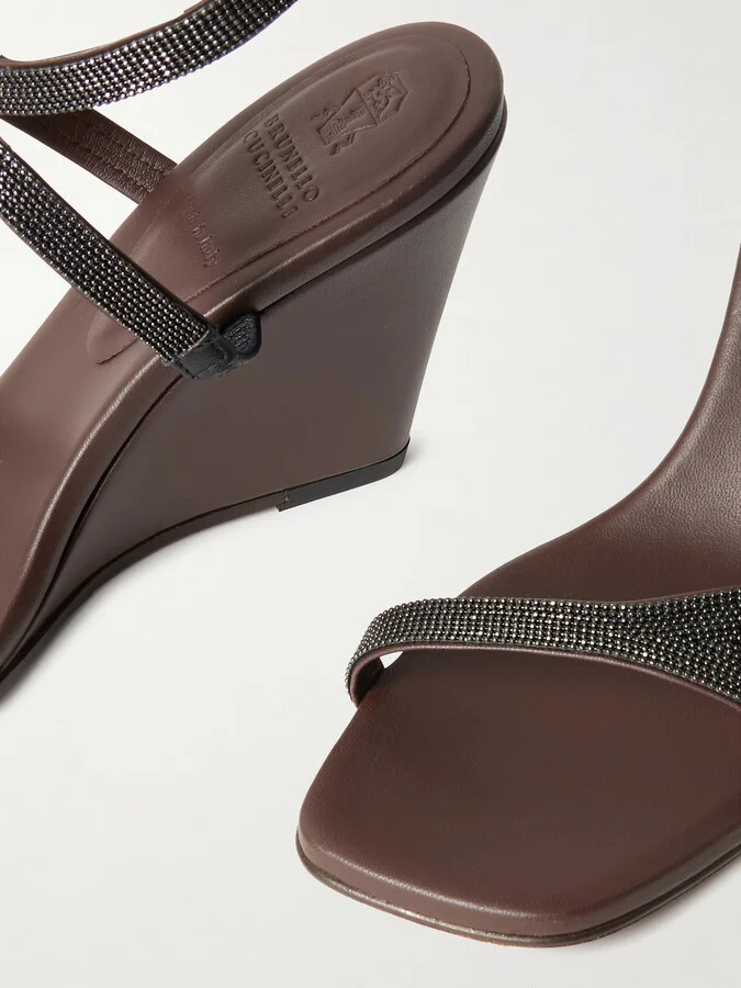 Brunello Cucinelli - Bead-embellished Leather Wedge Sandals - Brown - Image 4