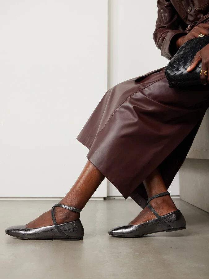Brunello Cucinelli - Bead-embellished Metallic Textured-leather Ballet Flats - IT37 - Image 2
