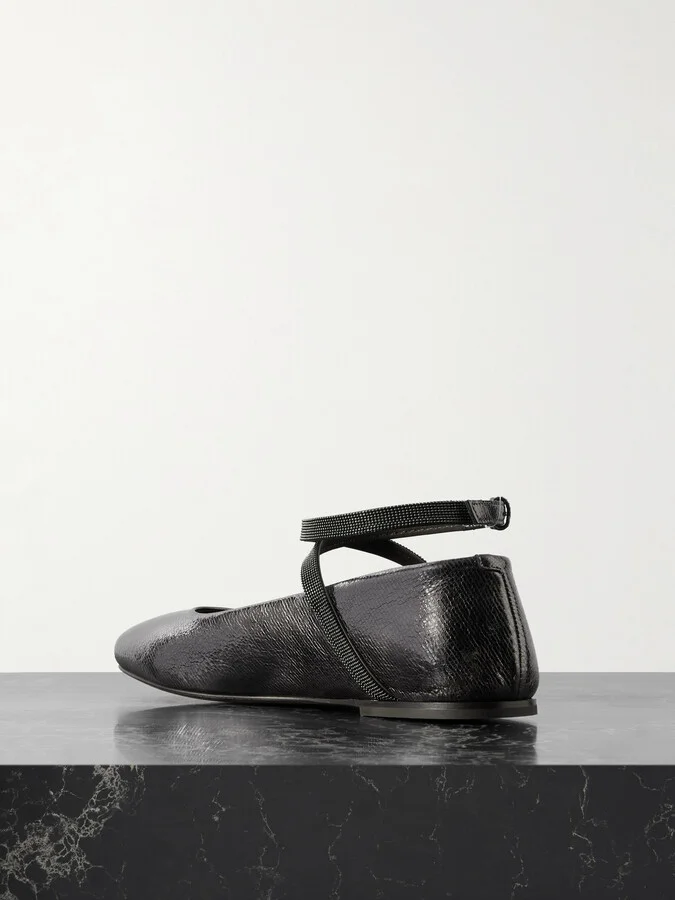 Brunello Cucinelli - Bead-embellished Metallic Textured-leather Ballet Flats - IT37 - Image 3