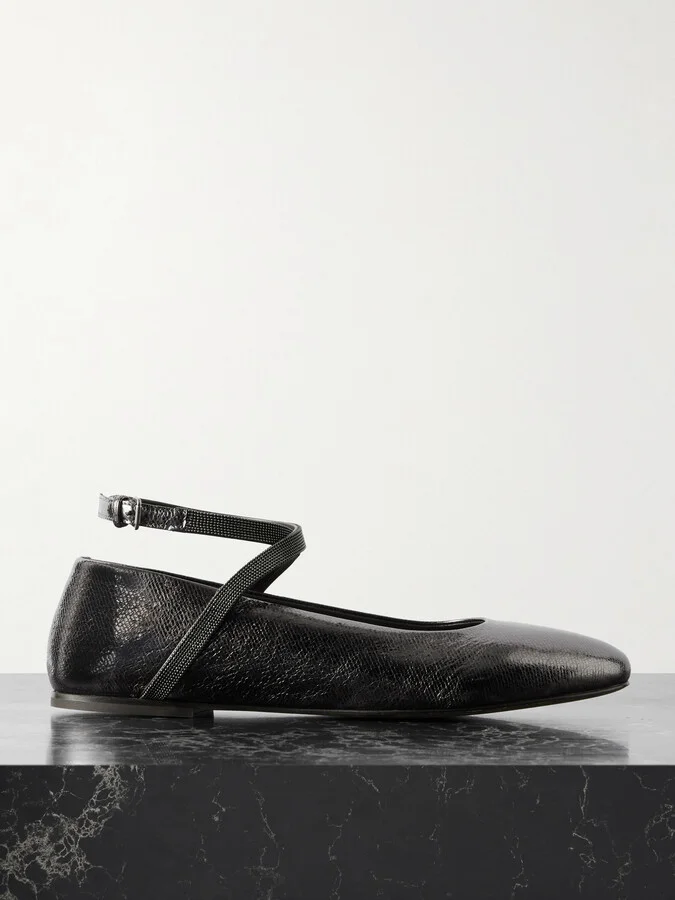 Brunello Cucinelli - Bead-embellished Metallic Textured-leather Ballet Flats - IT37