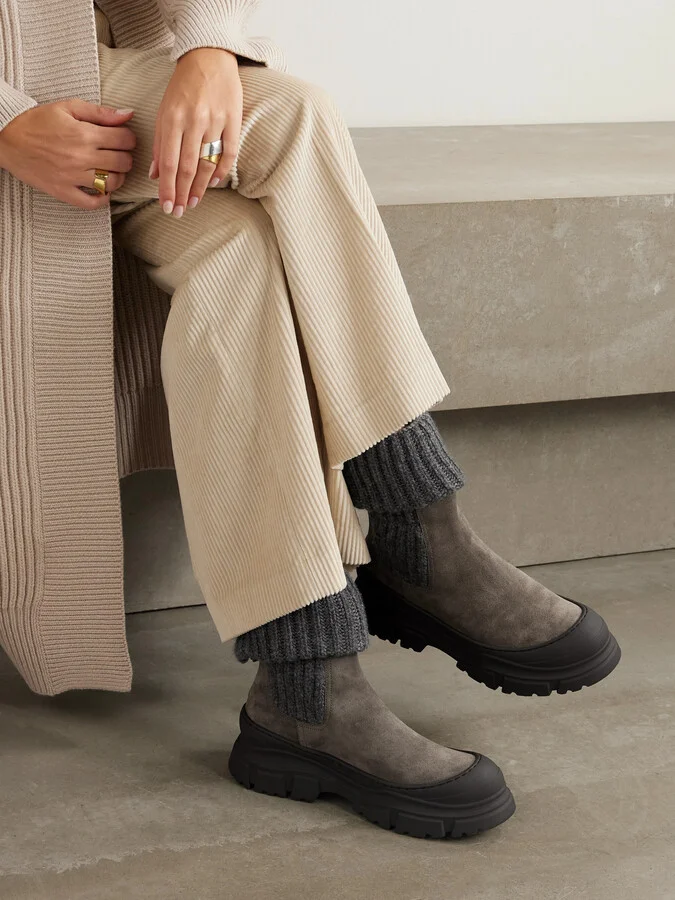 Brunello Cucinelli - Bead-embellished Ribbed Wool-trimmed Suede Chelsea Boots - Brown - Image 2
