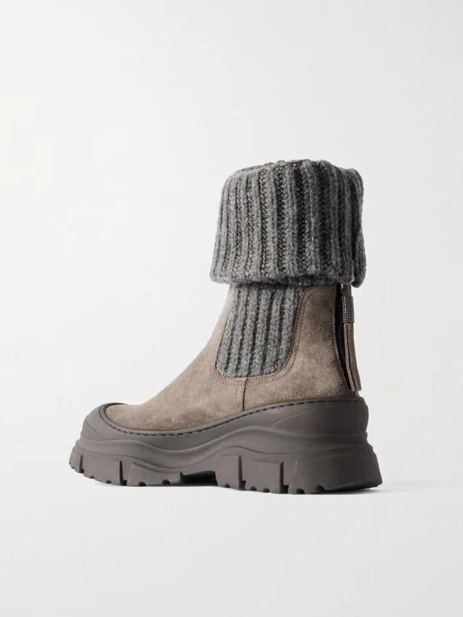 Brunello Cucinelli - Bead-embellished Ribbed Wool-trimmed Suede Chelsea Boots - Brown - Image 3