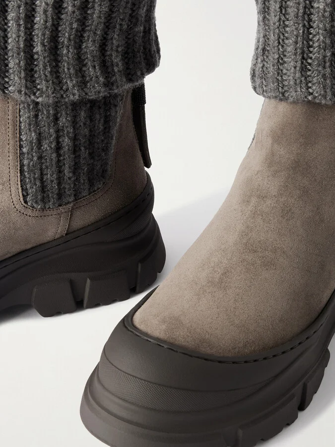 Brunello Cucinelli - Bead-embellished Ribbed Wool-trimmed Suede Chelsea Boots - Brown - Image 4