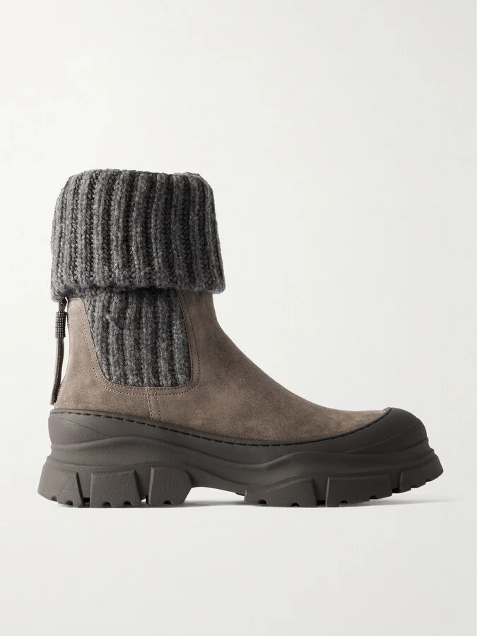 Brunello Cucinelli - Bead-embellished Ribbed Wool-trimmed Suede Chelsea Boots - Brown