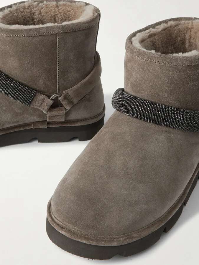 Brunello Cucinelli - Bead-embellished Shearling Boots - Gray - Image 4