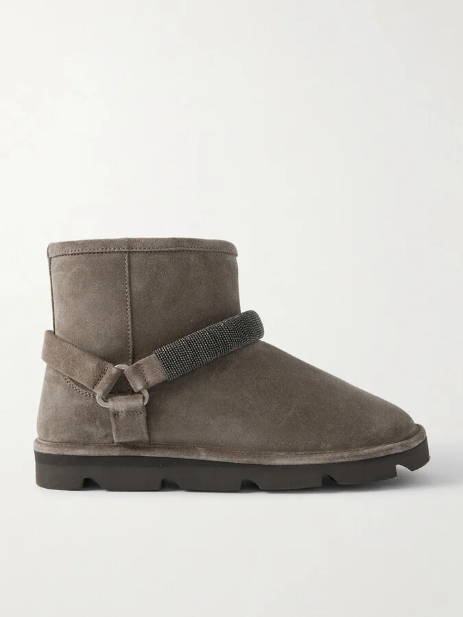 Brunello Cucinelli - Bead-embellished Shearling Boots - Gray