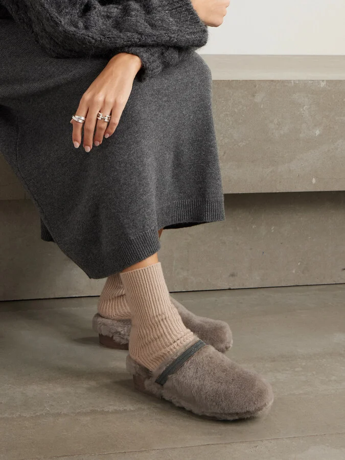 Brunello Cucinelli - Bead-embellished Shearling Clogs - Brown - Image 2