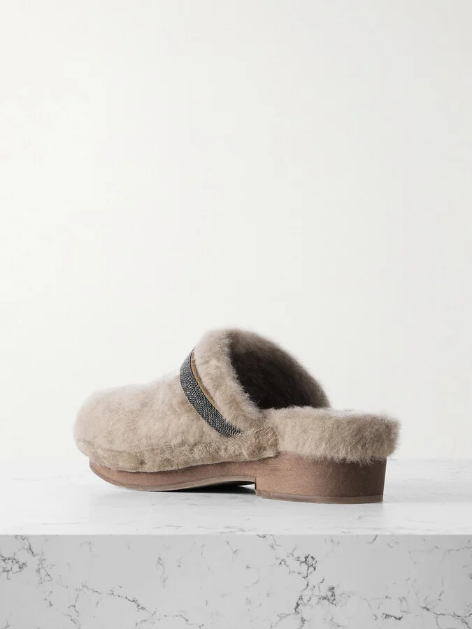 Brunello Cucinelli - Bead-embellished Shearling Clogs - Brown - Image 3