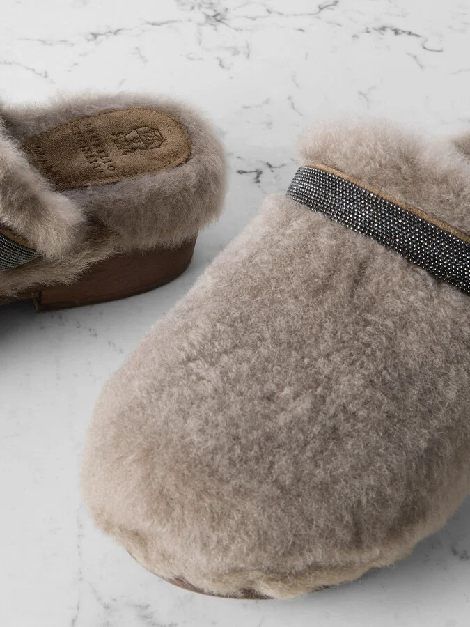 Brunello Cucinelli - Bead-embellished Shearling Clogs - Brown - Image 4