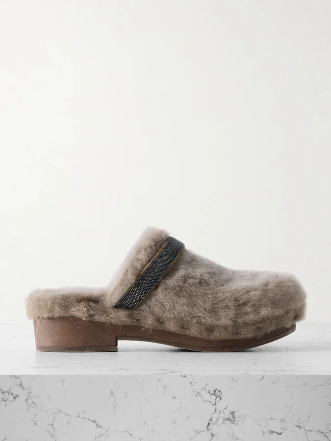 Brunello Cucinelli - Bead-embellished Shearling Clogs - Brown