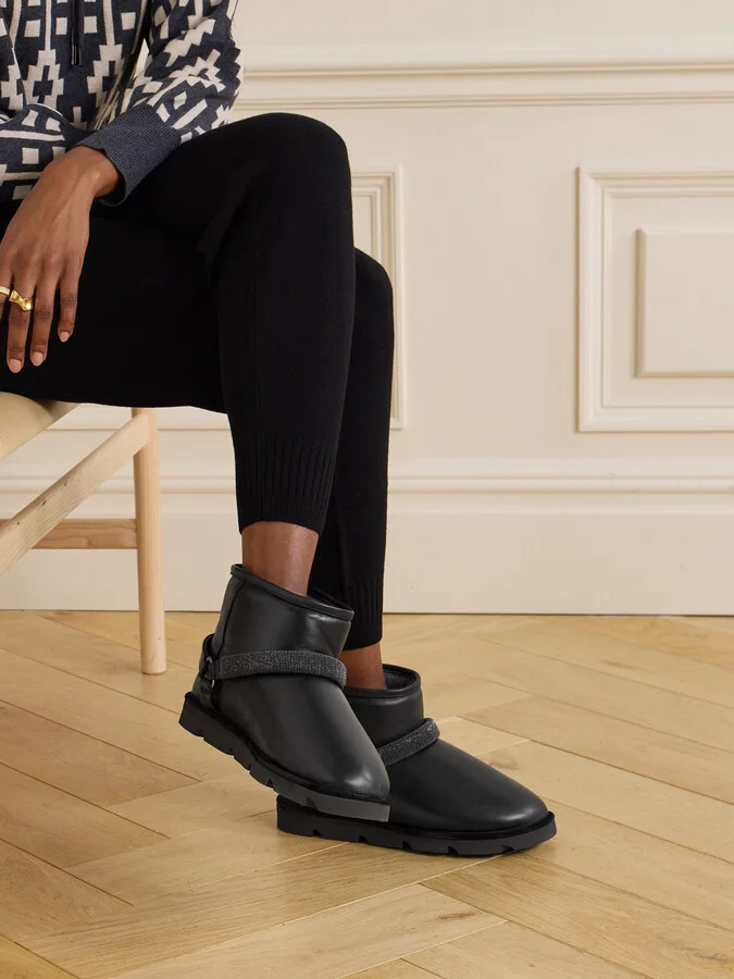 Brunello Cucinelli - Bead-embellished Shearling-lined Padded Leather Ankle Boots - Black - Image 2