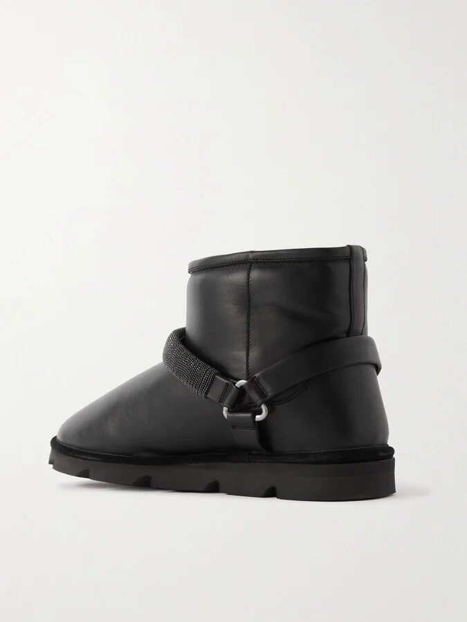 Brunello Cucinelli - Bead-embellished Shearling-lined Padded Leather Ankle Boots - Black - Image 3
