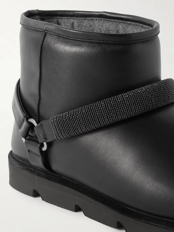 Brunello Cucinelli - Bead-embellished Shearling-lined Padded Leather Ankle Boots - Black - Image 4