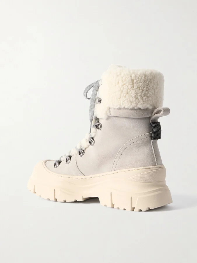 Brunello Cucinelli - Bead-embellished Shearling-lined Suede Ankle Boots - Cream - Image 3