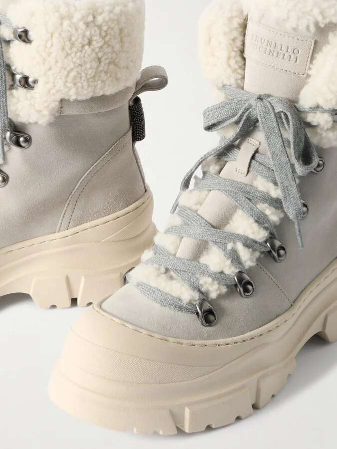 Brunello Cucinelli - Bead-embellished Shearling-lined Suede Ankle Boots - Cream - Image 4