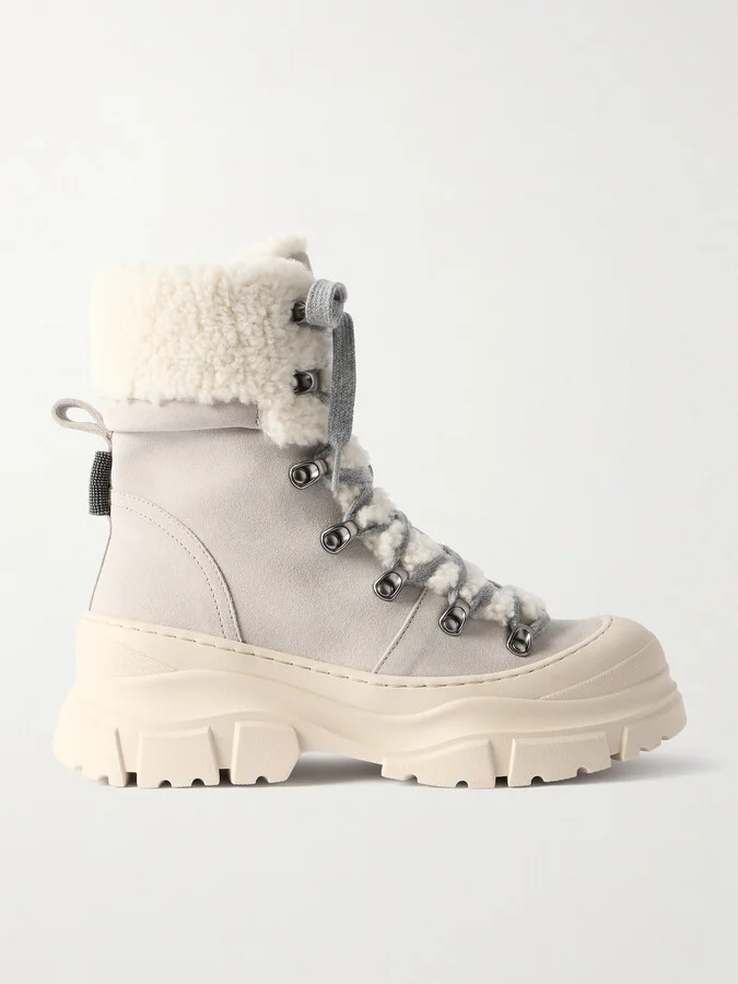 Brunello Cucinelli - Bead-embellished Shearling-lined Suede Ankle Boots - Cream