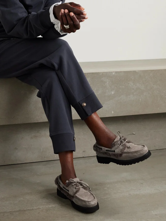 Brunello Cucinelli - Bead-embellished Shearling-trimmed Suede Loafers - Gray - Image 2