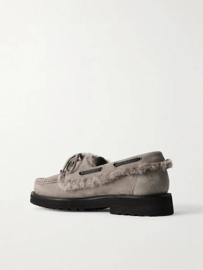 Brunello Cucinelli - Bead-embellished Shearling-trimmed Suede Loafers - Gray - Image 3