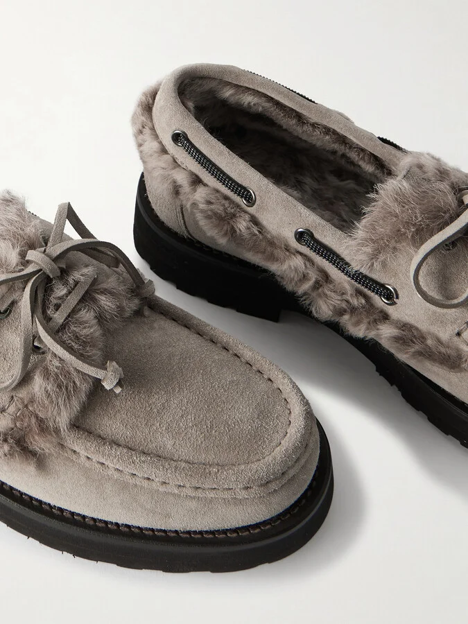Brunello Cucinelli - Bead-embellished Shearling-trimmed Suede Loafers - Gray - Image 4