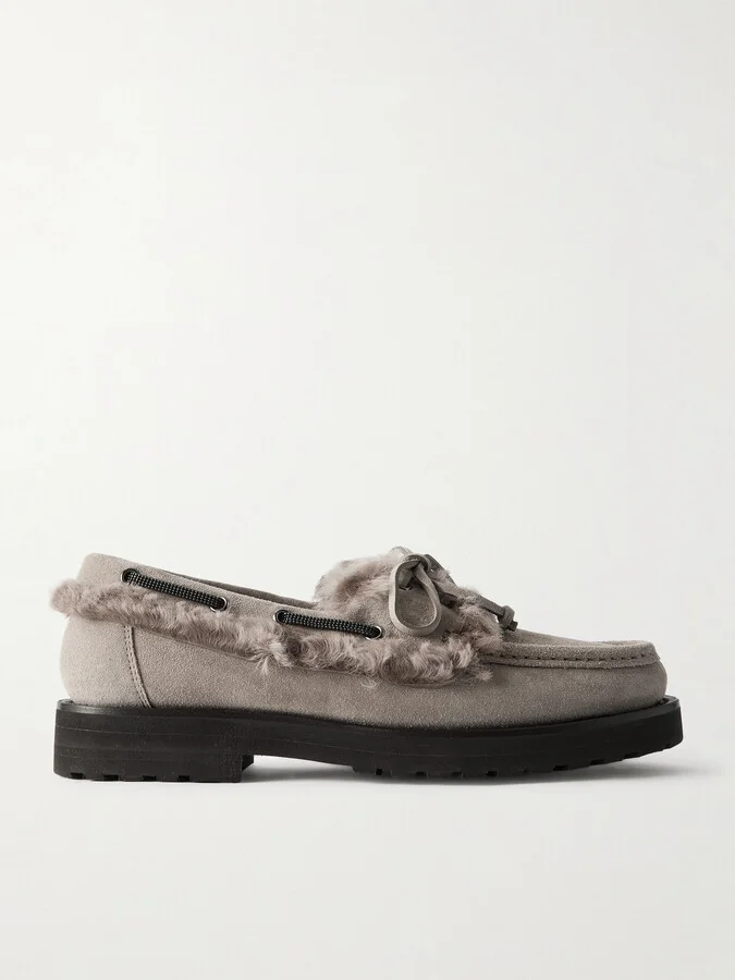 Brunello Cucinelli - Bead-embellished Shearling-trimmed Suede Loafers - Gray