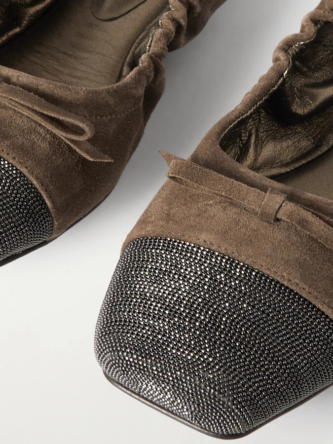 Brunello Cucinelli - Bead-embellished Suede Ballet Flats - Brown - Image 4