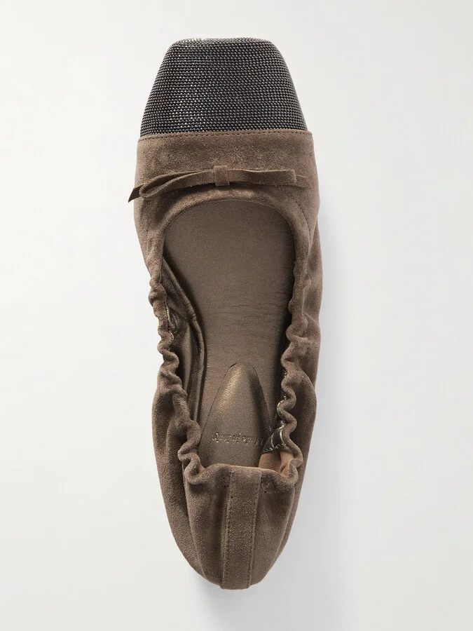 Brunello Cucinelli - Bead-embellished Suede Ballet Flats - Brown - Image 5