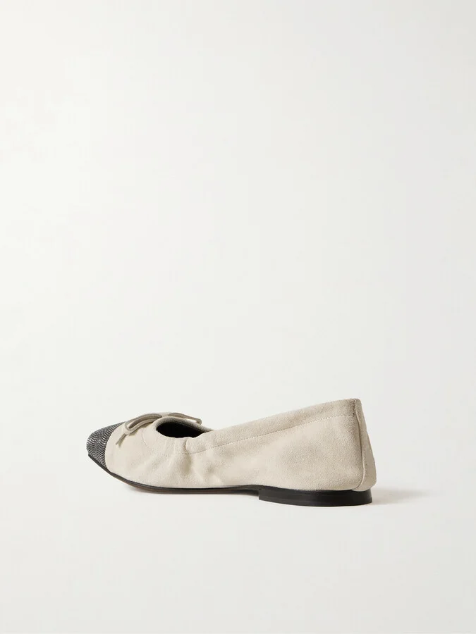 Brunello Cucinelli - Bead-embellished Suede Ballet Flats - Cream - Image 3