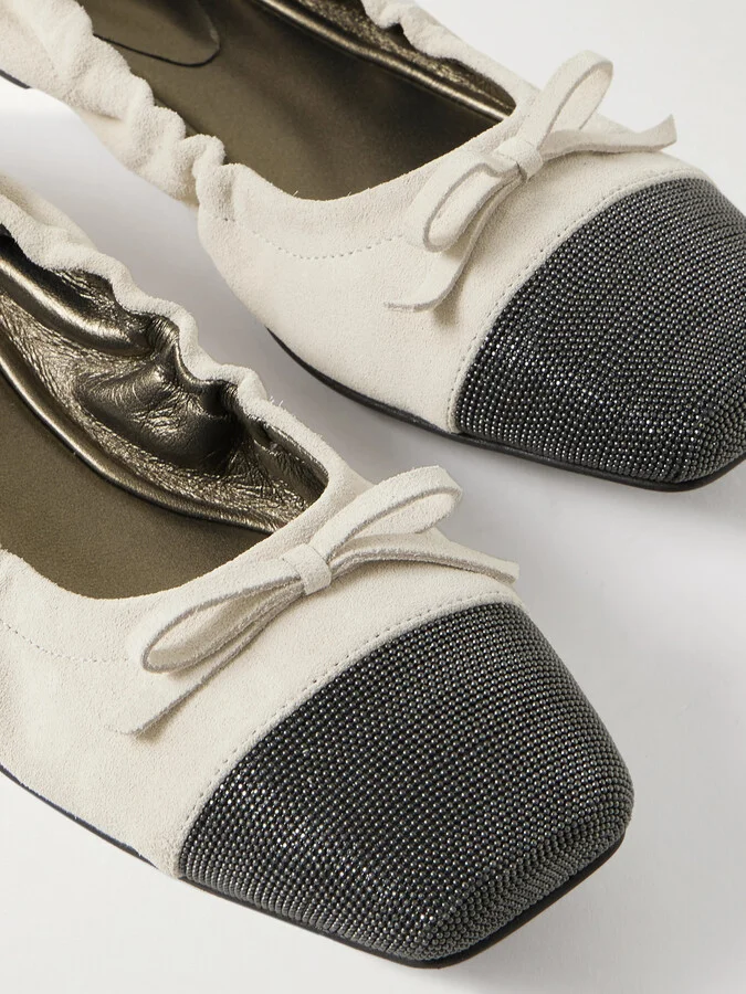 Brunello Cucinelli - Bead-embellished Suede Ballet Flats - Cream - Image 4