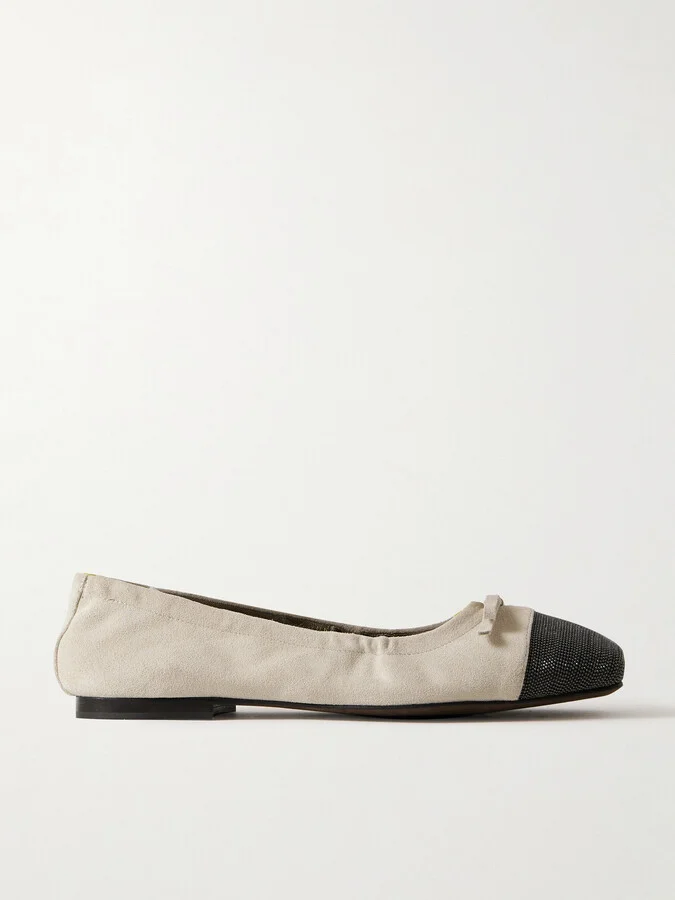 Brunello Cucinelli - Bead-embellished Suede Ballet Flats - Cream